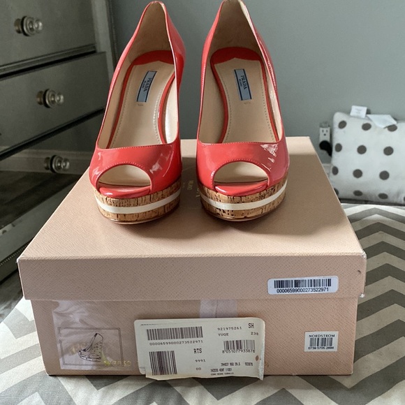 Prada Pink Patent Platform Wedge Heel Espadrille Peep Pumps Size 39.5 New In Box - Picture 3 of 7